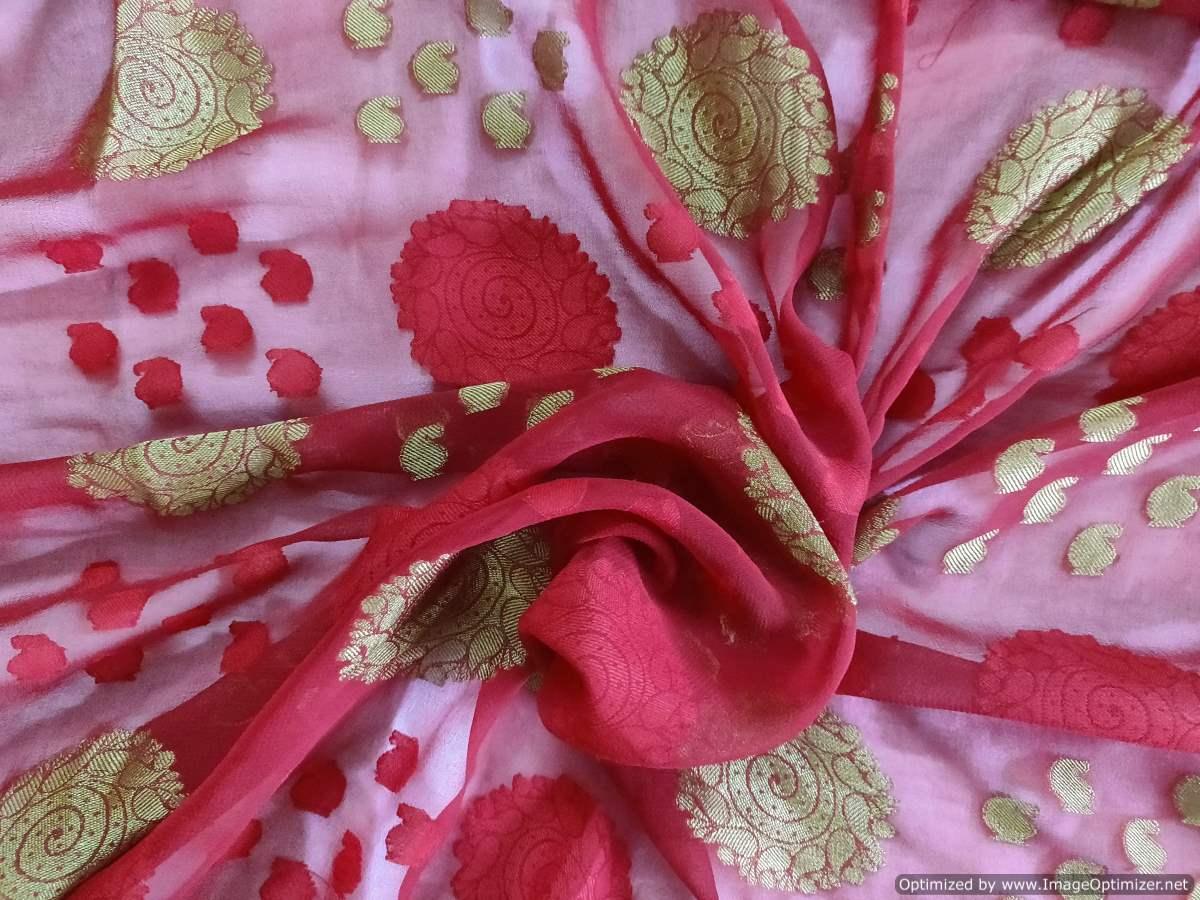 Maroon Gold Weave Jequard Georgette Fabric Pre Cut 6 Meters FAB173 - Ethnic's By Anvi Creations