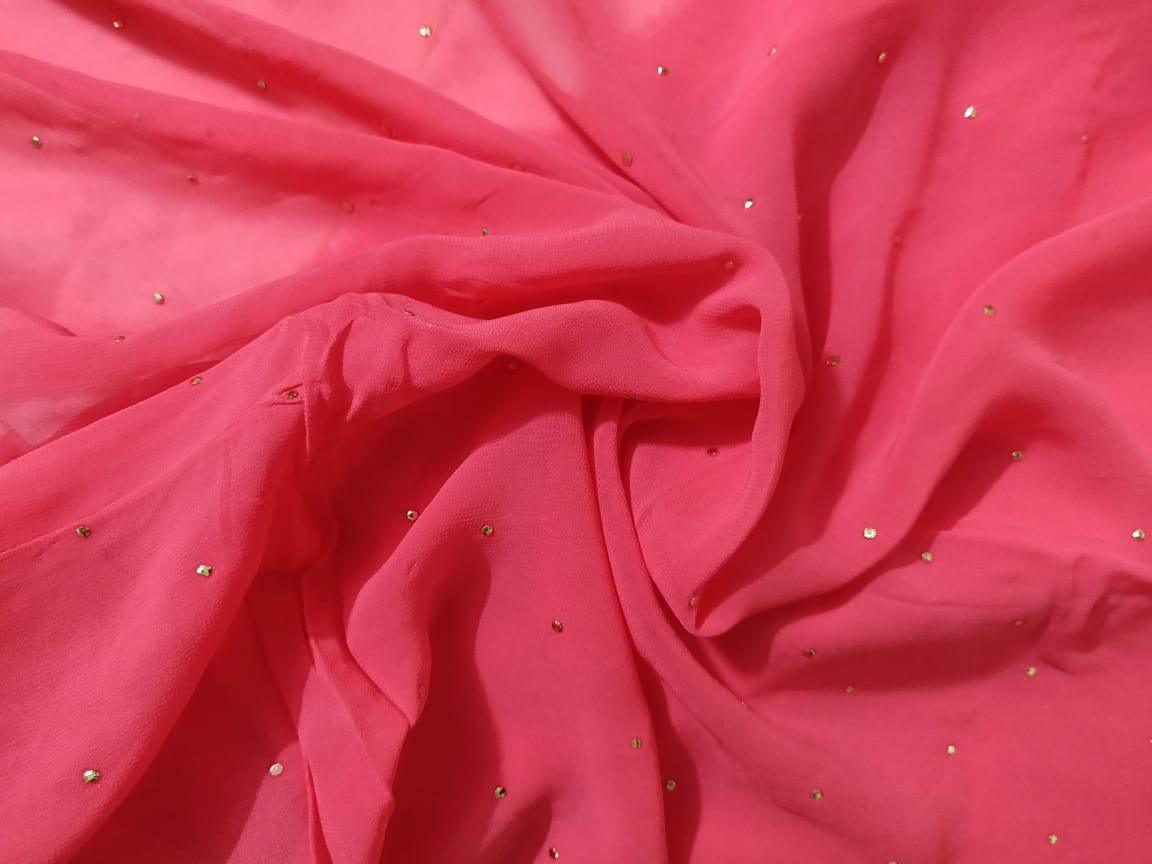 Carrot Pink Pasted Moykesh Work Georgette Fabric Pre Cut 6 Meters FAB190 - Ethnic's By Anvi Creations