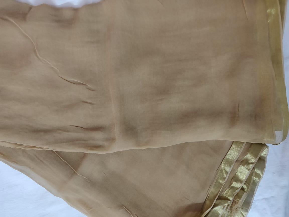 Zari Edge Plain Solid Beige Chiffon Fabric Pre Cut 6.5 Meters FAB214 - Ethnic's By Anvi Creations