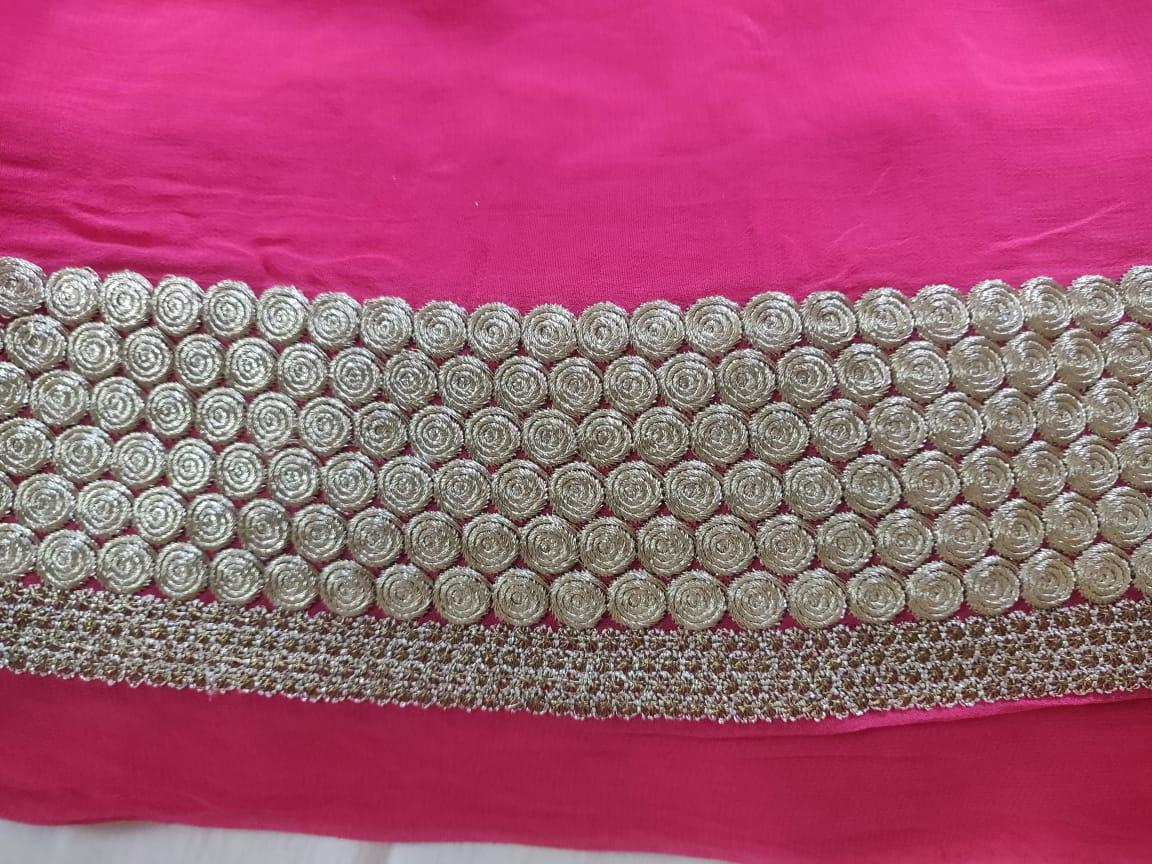 Plain Solid Magenta Pink Embroidered Border Georgette Fabric Pre Cut 5.5 Meters FAB229 - Ethnic's By Anvi Creations