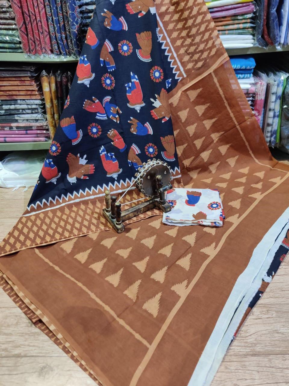 Black Block Printed Mulmul Cotton saree GOV18-Anvi Creations-Handloom