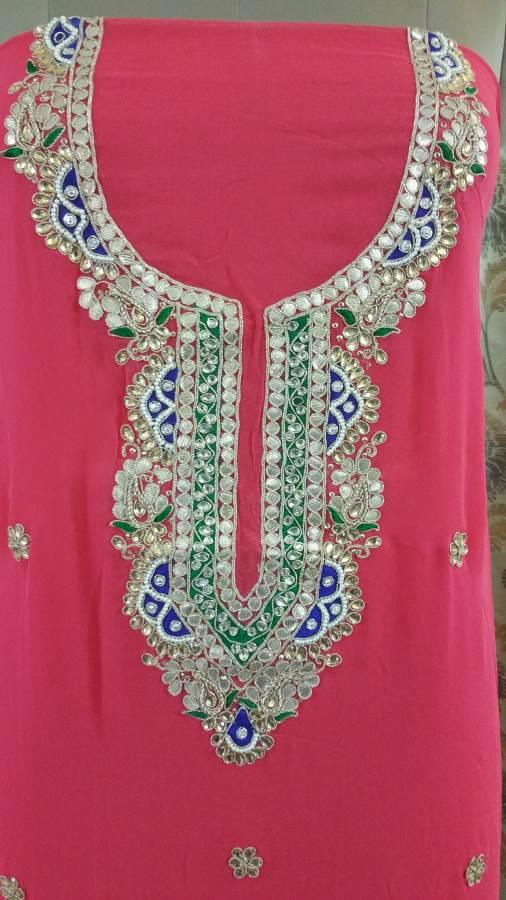 Jaipuri Kundan Hand Work Gazari Pink Georgette Kurti Kurta Fabric GP40-Anvi Creations-Jaipuri Kurti Fabric