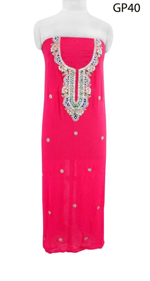 Jaipuri Kundan Hand Work Gazari Pink Georgette Kurti Kurta Fabric GP40-Anvi Creations-Jaipuri Kurti Fabric