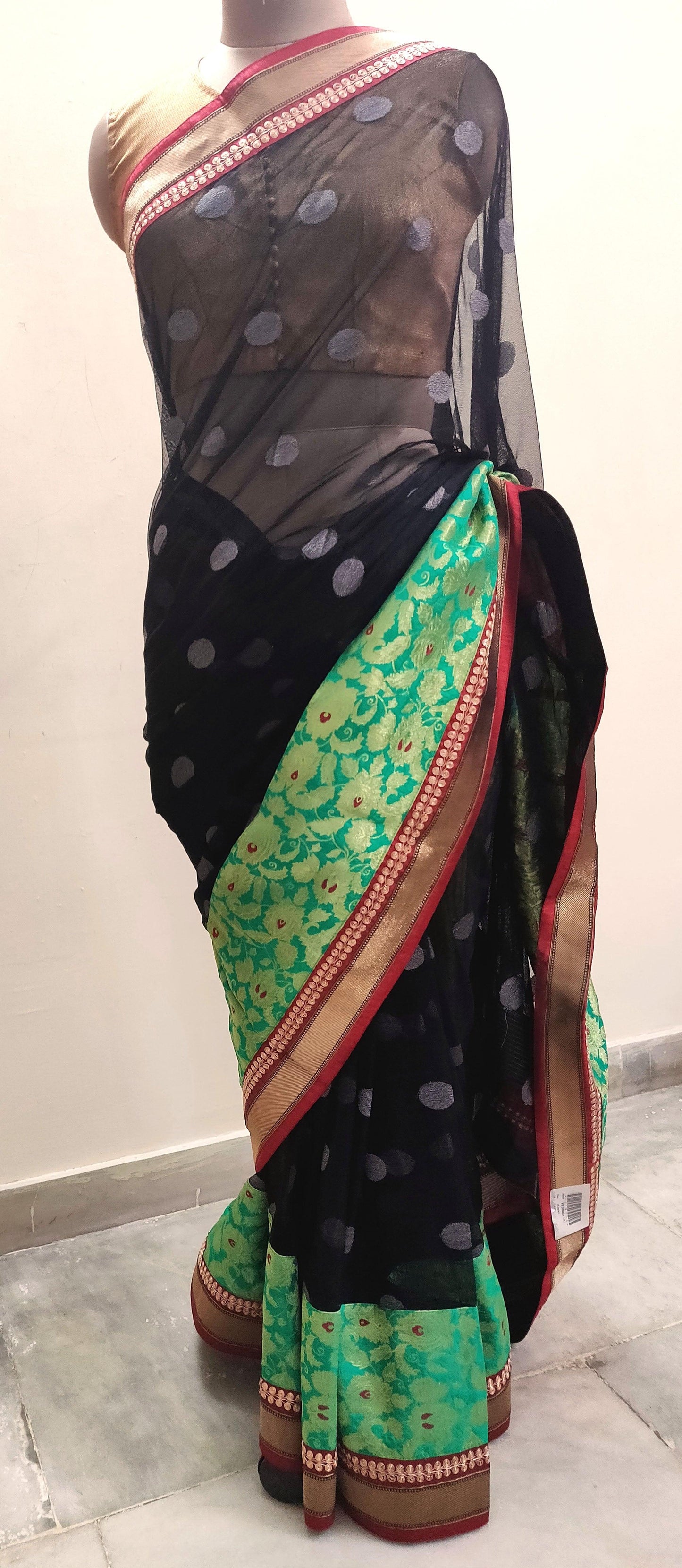 Black Banarasi Border Net saree SC30007A-Anvi Creations-Designer Saree