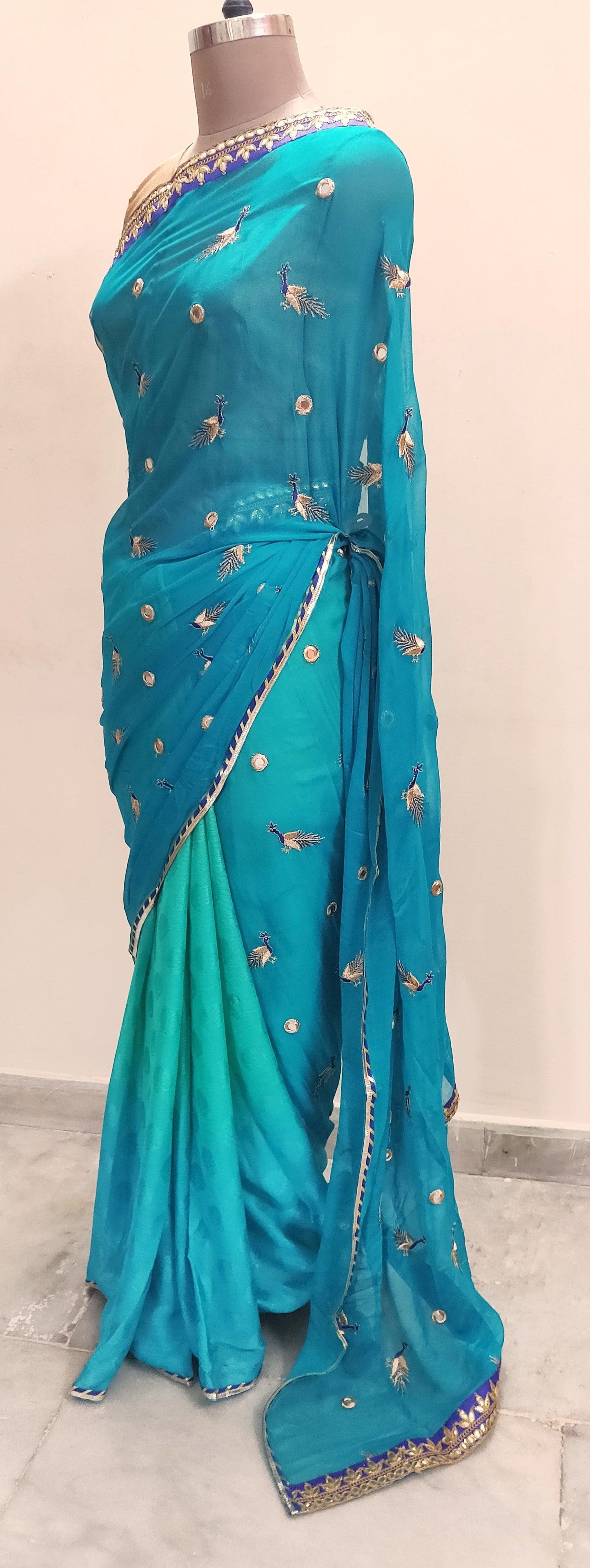 Designer Turquoise Peacock Motif Georgette Saree SP14-Anvi Creations-Boutique Saree