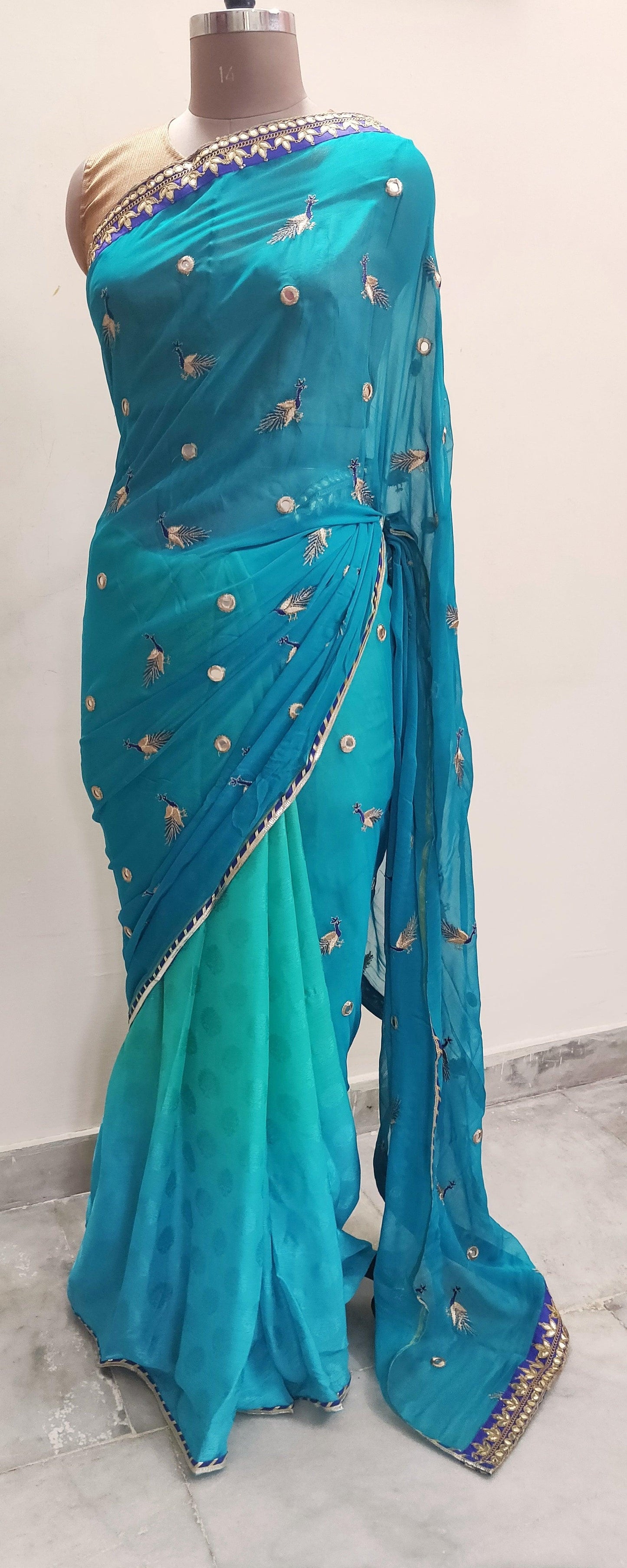 Designer Turquoise Peacock Motif Georgette Saree SP14-Anvi Creations-Boutique Saree