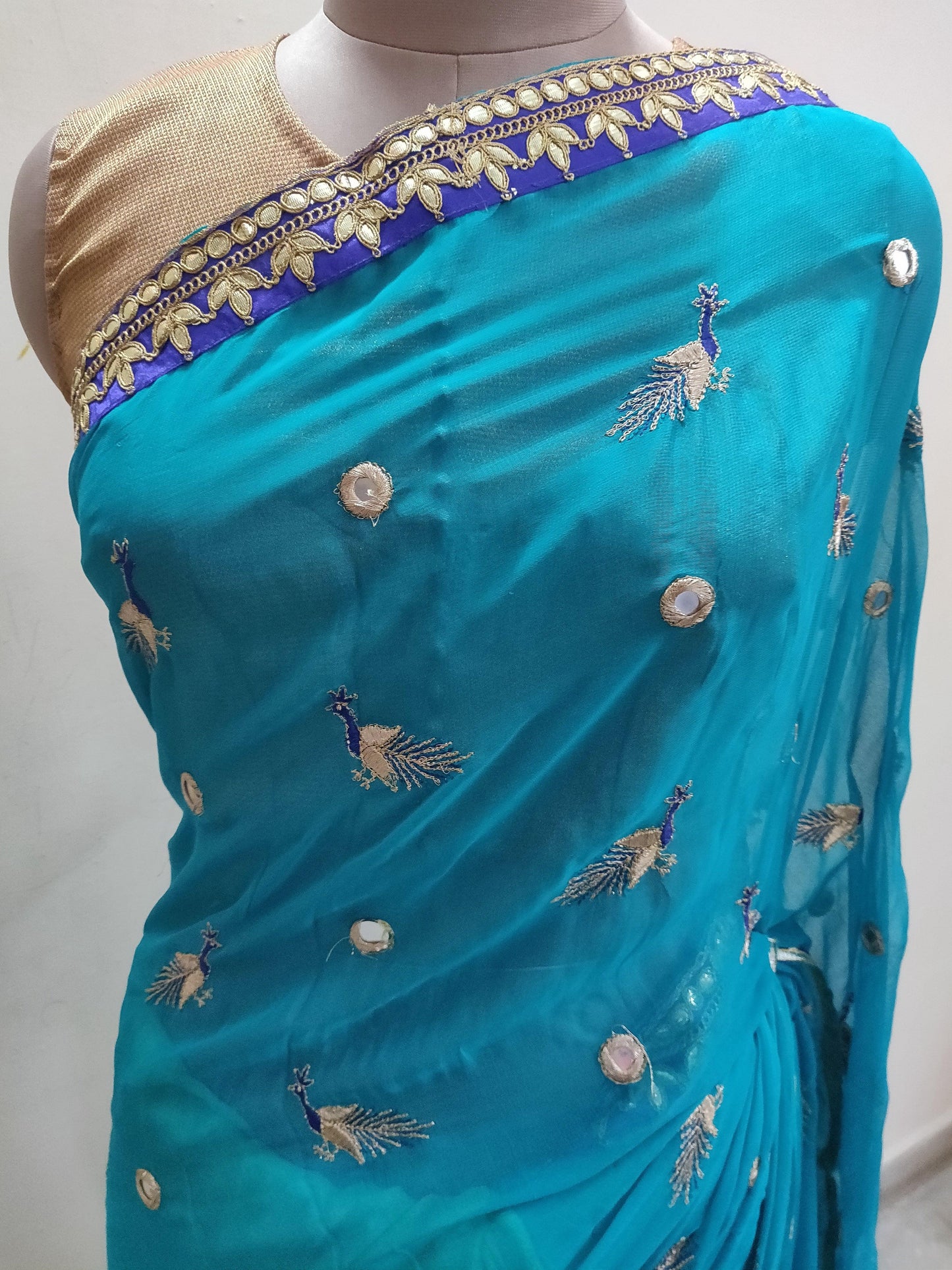 Designer Turquoise Peacock Motif Georgette Saree SP14-Anvi Creations-Boutique Saree