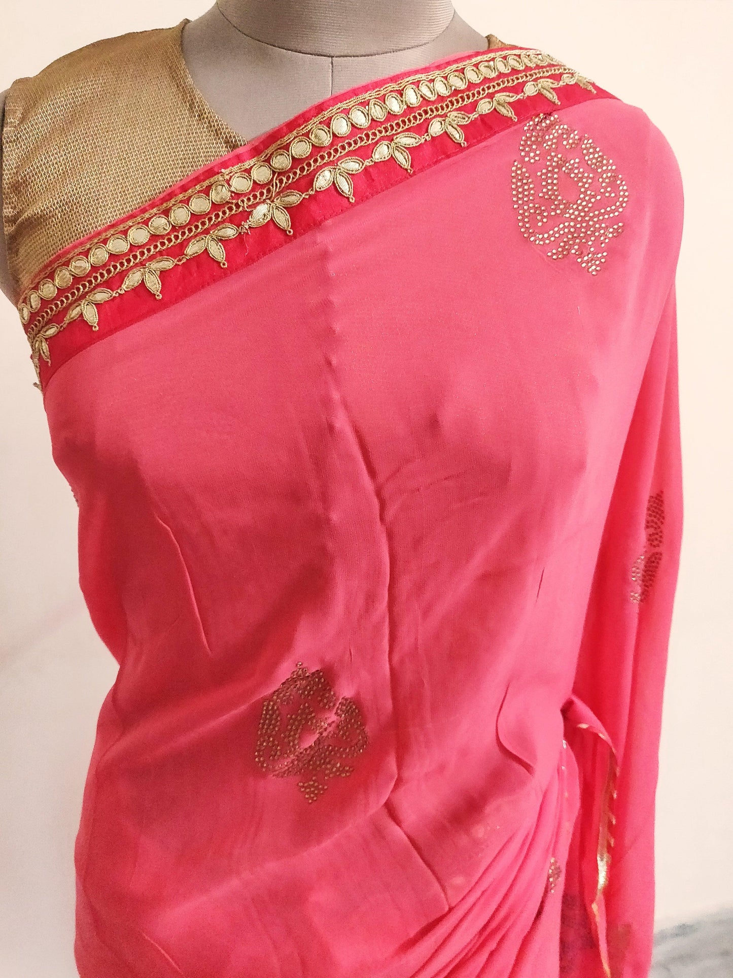 Designer Carrot Pink Pure Georgette Gotta Patti Border Saree SP13-Anvi Creations-Boutique Saree