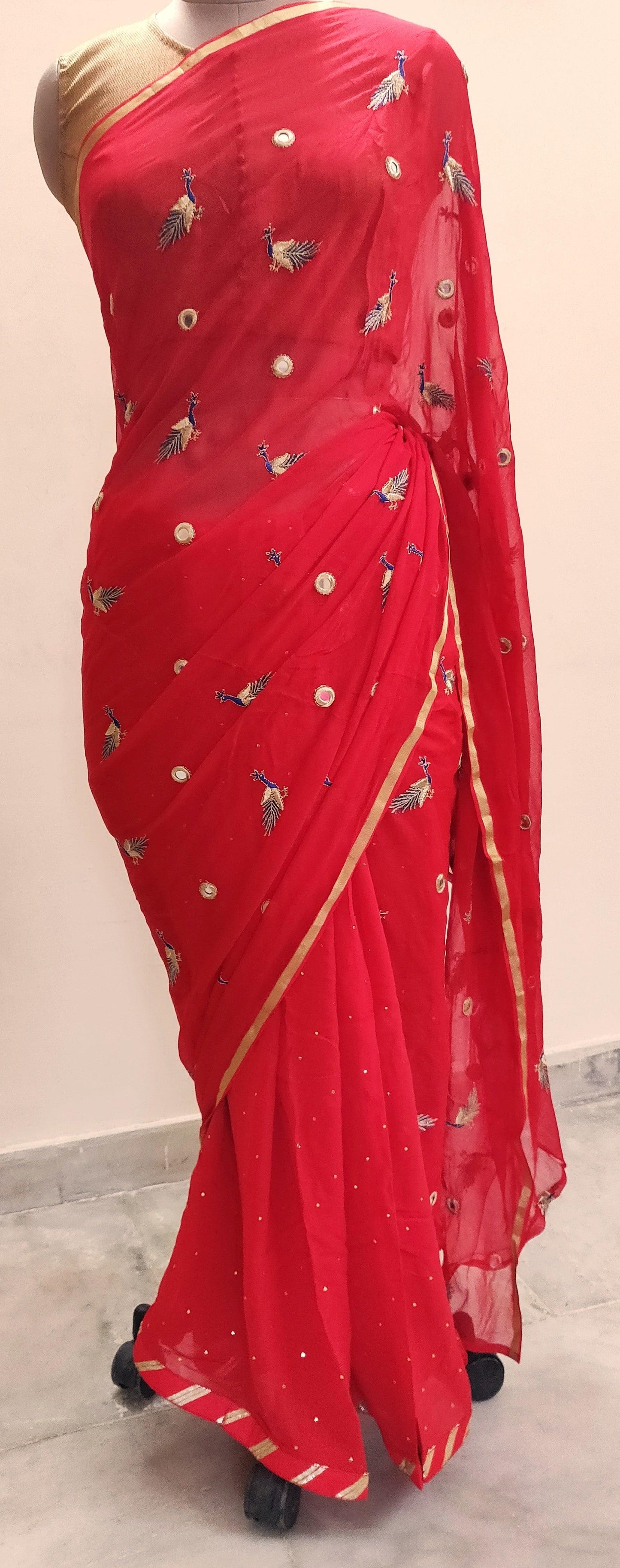 Designer Red Chiffon Georgette Peacock Motif Saree SP07-Anvi Creations-Boutique Saree