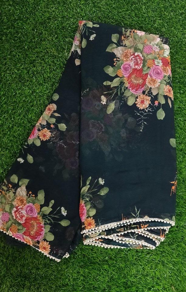 Bottle Green Floral Printed Saree with Pearl Lace Work MN3807 - Ethnic's By Anvi Creations