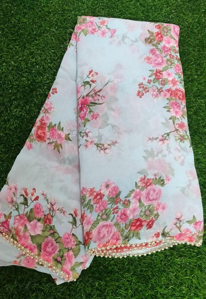 Powder Green Floral Printed Saree with Pearl Lace Work MN3805 - Ethnic's By Anvi Creations
