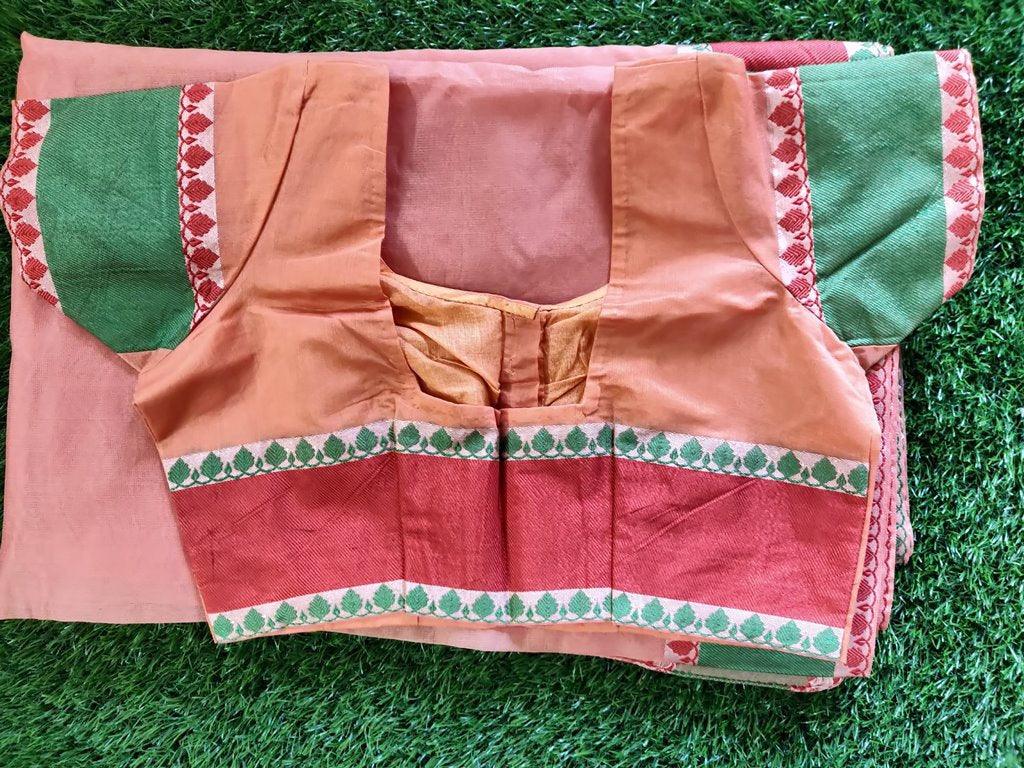 Peach Banarasi Kota Weaven Border Saree with Readymade Blouse - Ethnic's By Anvi Creations