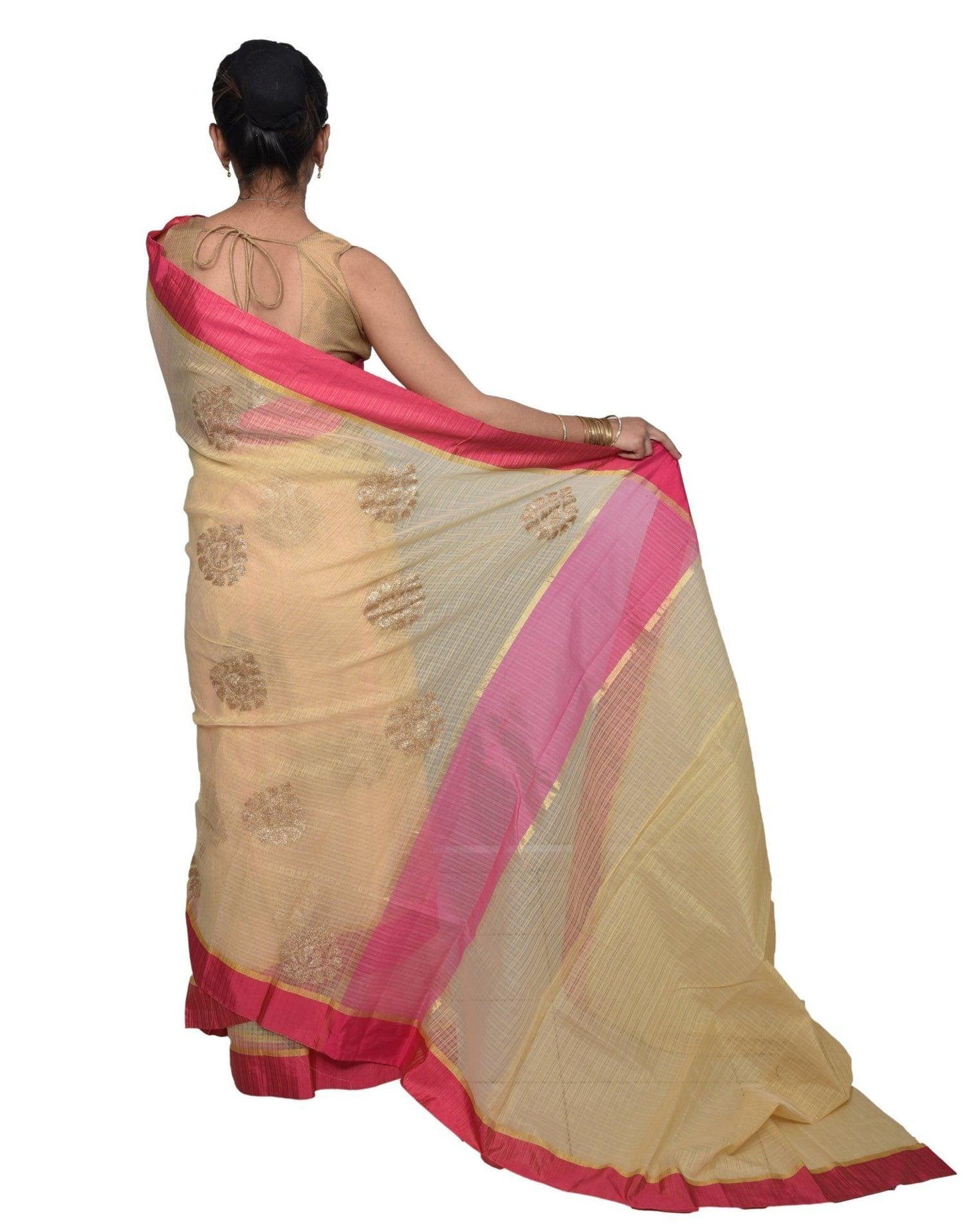 Designer Beige Kota Cotton Embroidered Saree KCS103-Ethnic's By Anvi Creations-Handloom Saree