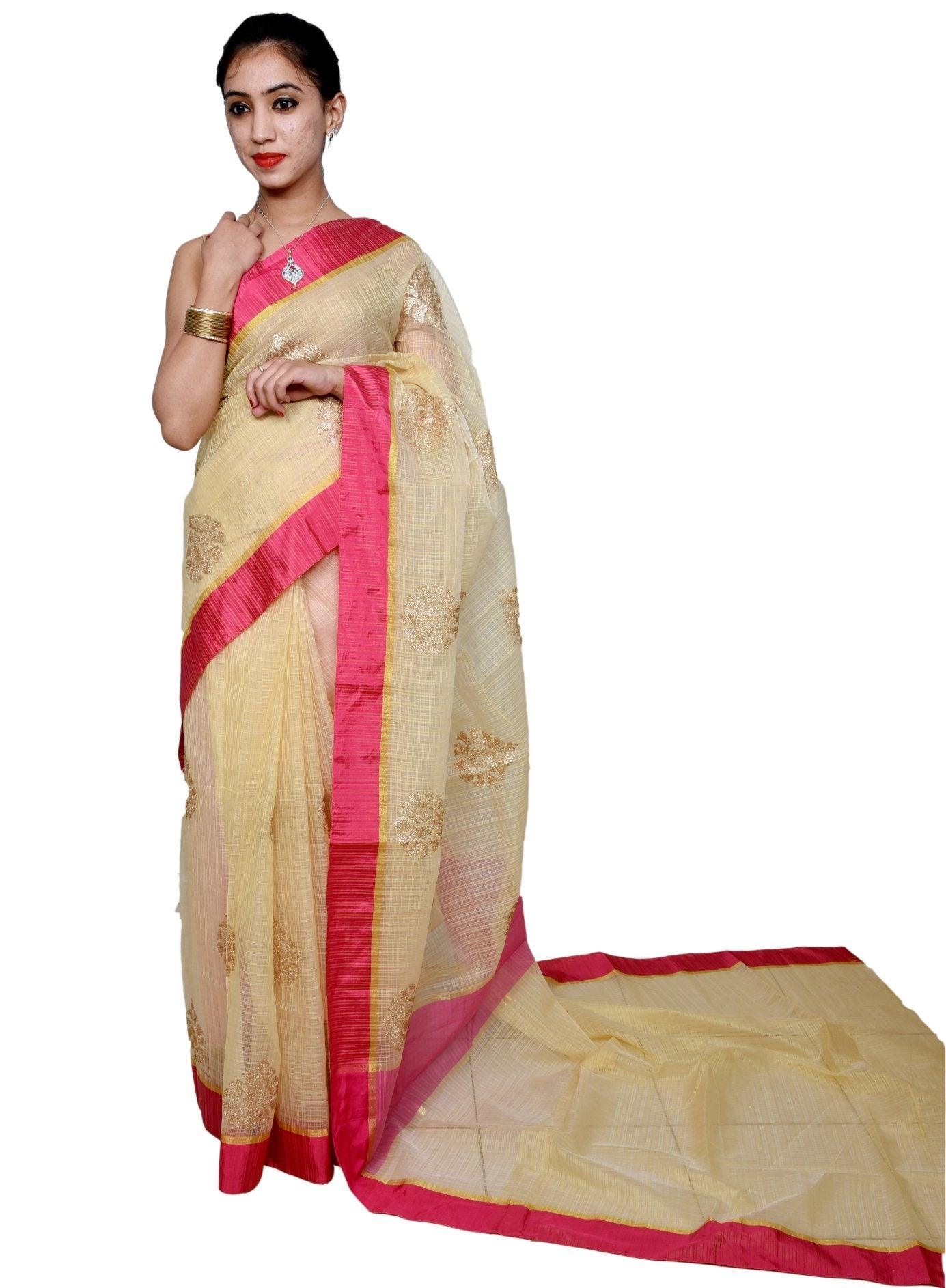 Designer Beige Kota Cotton Embroidered Saree KCS103-Ethnic's By Anvi Creations-Handloom Saree
