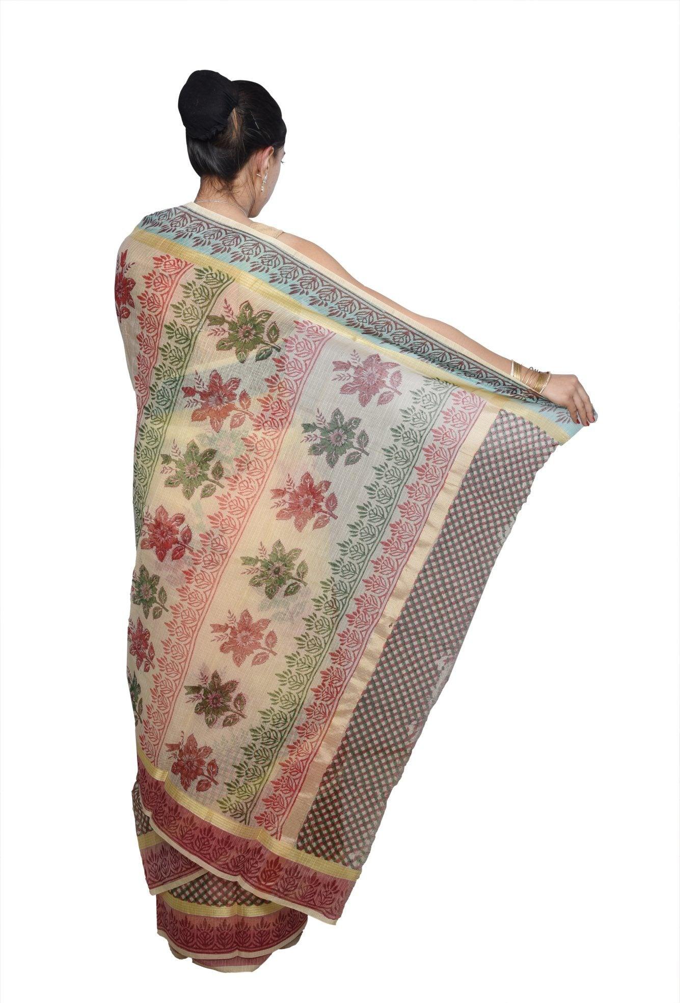Designer Beige Block Printed Kota Cotton Saree KSC106-Ethnic's By Anvi Creations-Handloom Saree