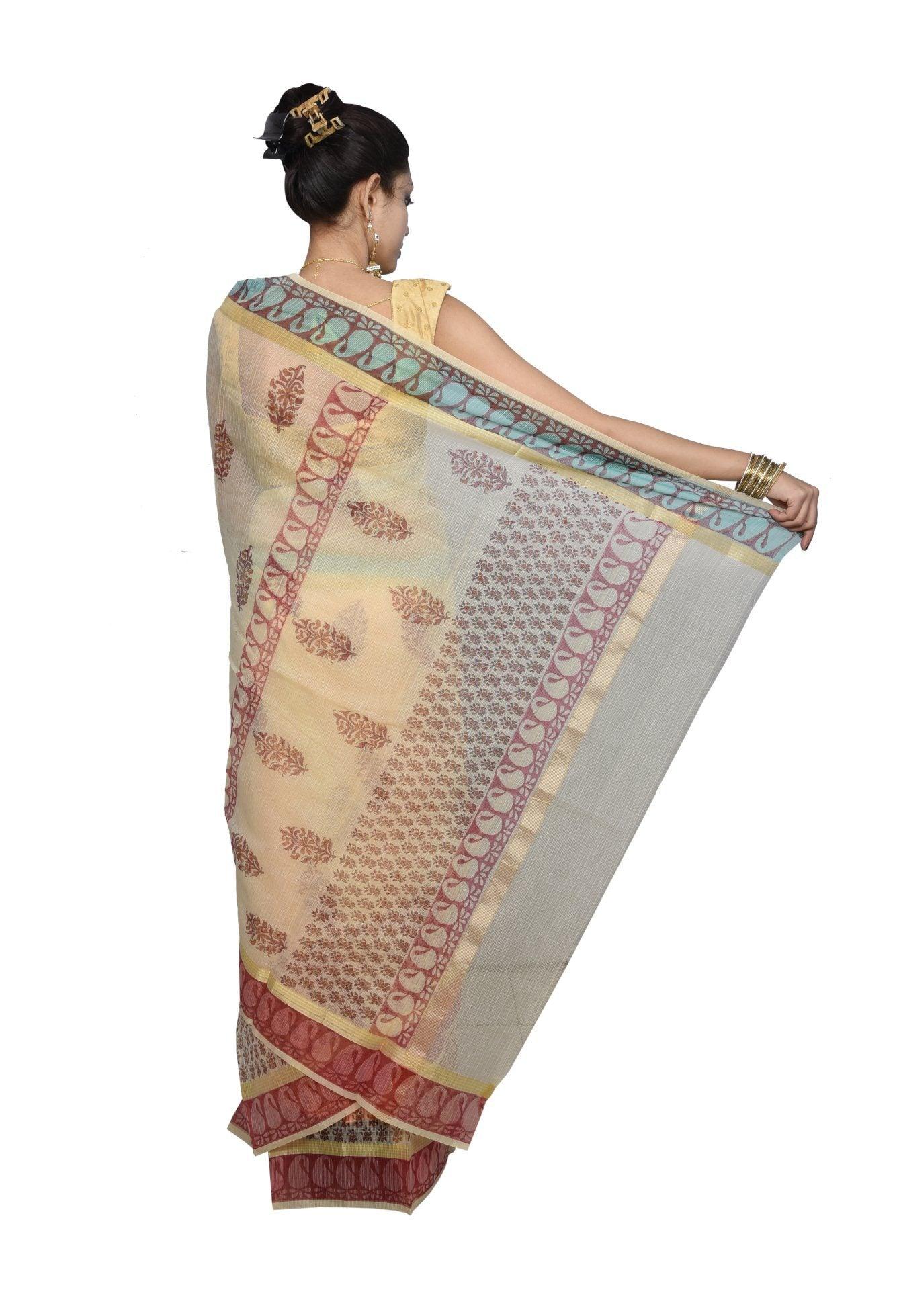 Designer Beige Block Printed Kota Cotton Saree KSC107-Ethnic's By Anvi Creations-Handloom Saree