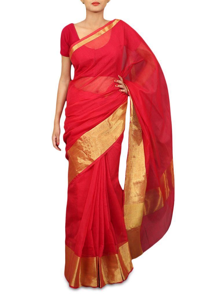 Red Kota Cotton Zari Border Saree with Running Blouse KCS61-Ethnic's By Anvi Creations-Handloom Saree