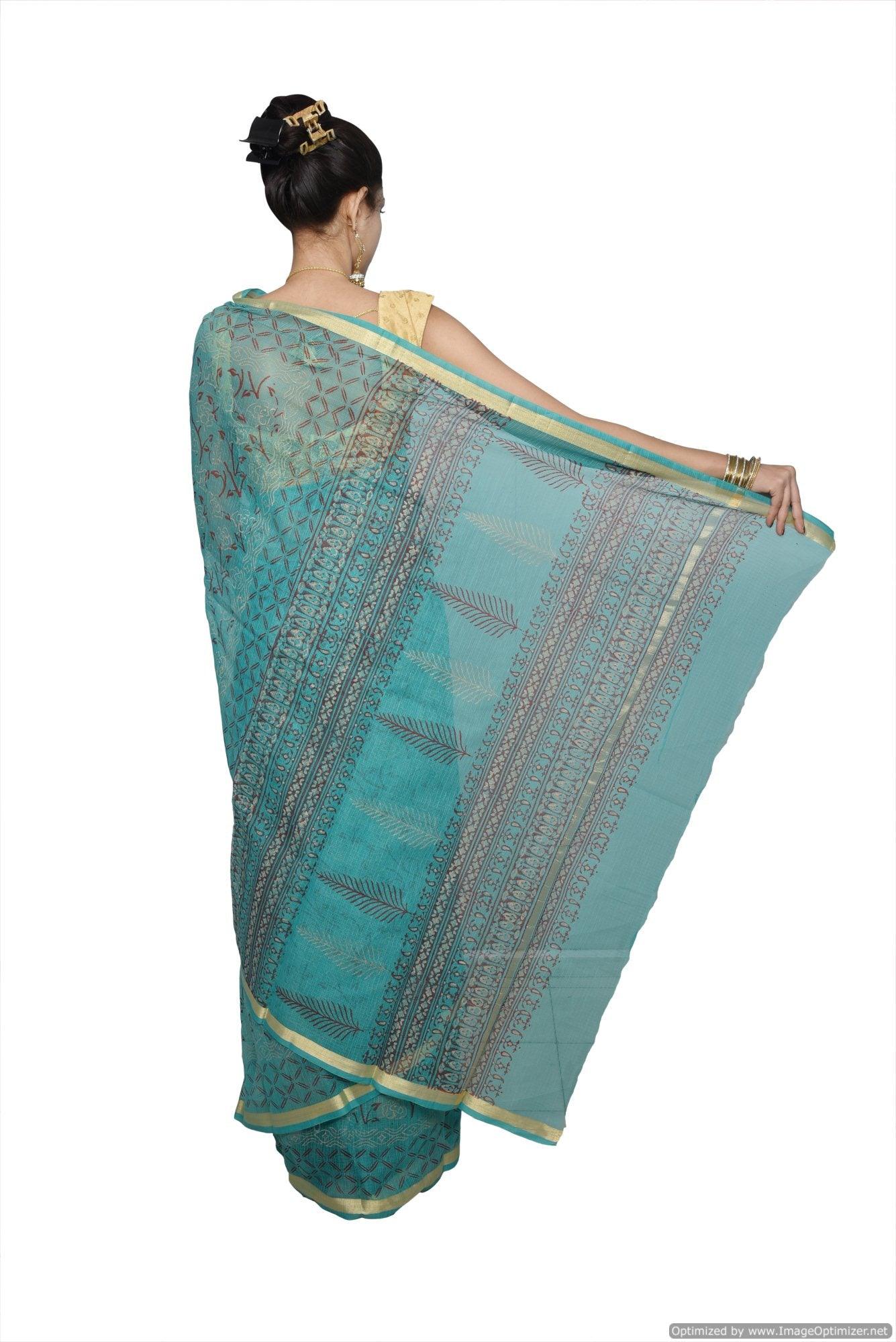 Designer Green Gold Border Kota Cotton Printed Saree KCS81-Ethnic's By Anvi Creations-Handloom Saree
