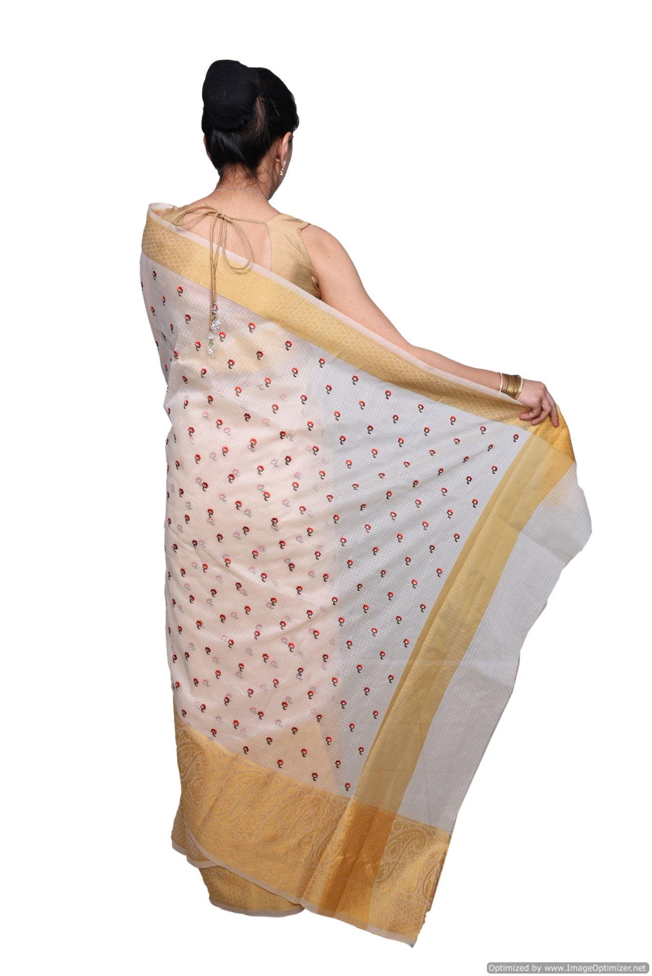Designer Cream Kota Cotton Embroidered Saree KCS99-Ethnic's By Anvi Creations-Handloom Saree