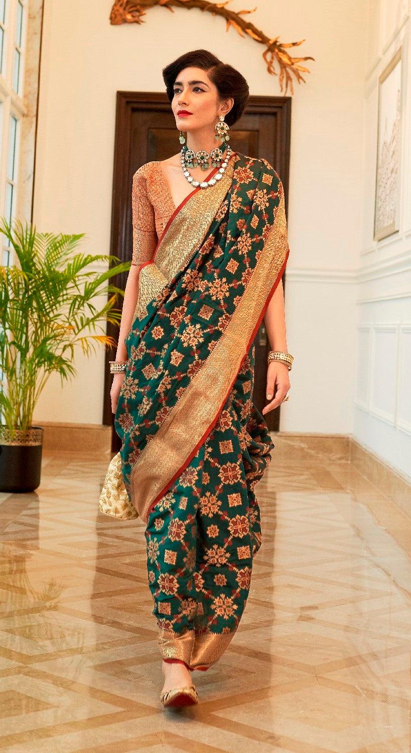 Designer Green Patola Weave Heavy Look Silk Saree KM02 - Ethnic's By Anvi Creations