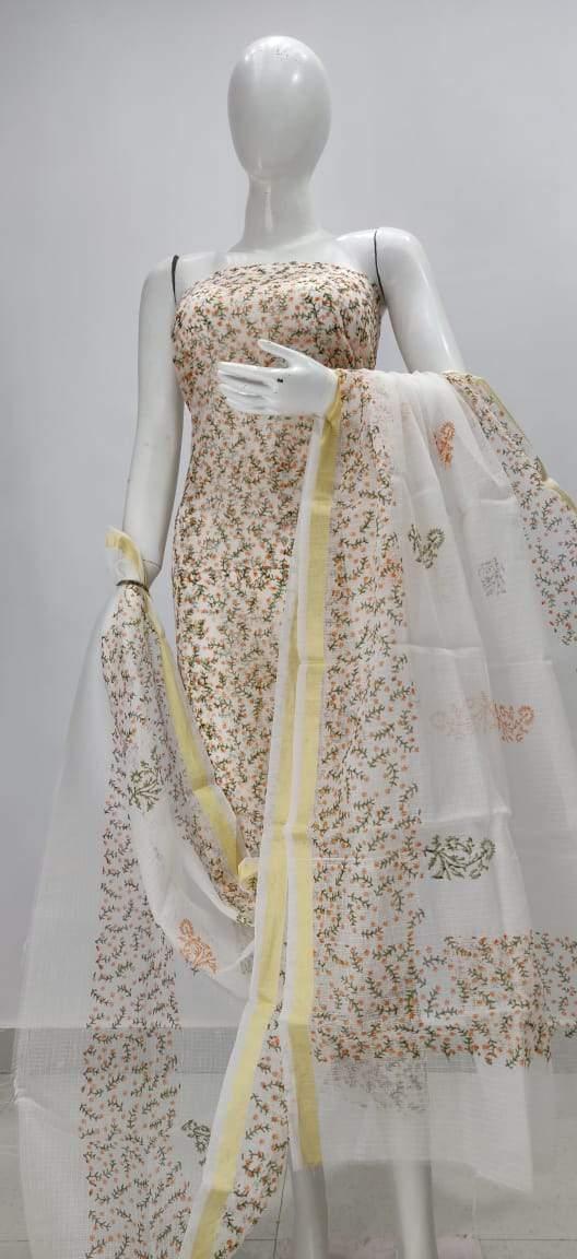 Exclusive Off White Block Printed soft Kota Cotton Kurta Dupatta Fabric Set KOTASS01-Anvi Creations-Block Printed