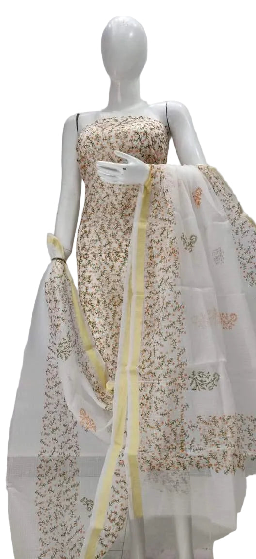 Exclusive Off White Block Printed soft Kota Cotton Kurta Dupatta Fabric Set KOTASS01-Anvi Creations-Block Printed