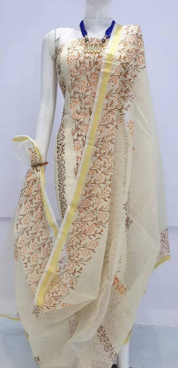 Exclusive Cream Block Printed soft Kota Cotton Kurta Dupatta Fabric Set KOTASS04-Anvi Creations-Block Printed