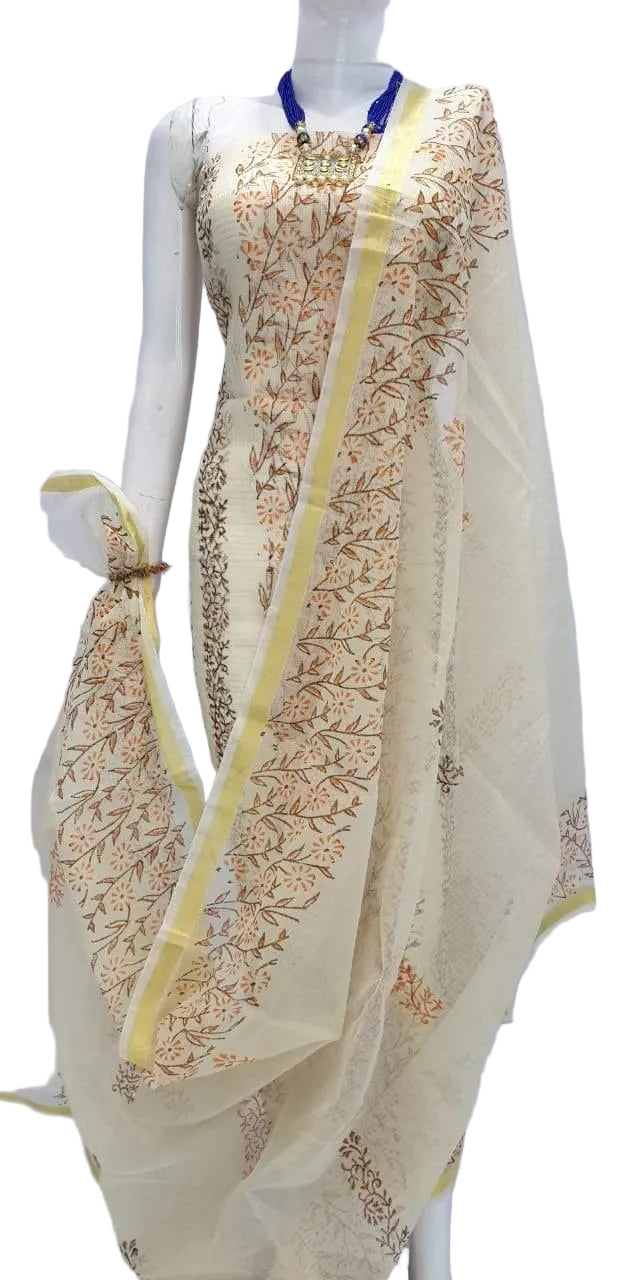 Exclusive Cream Block Printed soft Kota Cotton Kurta Dupatta Fabric Set KOTASS04-Anvi Creations-Block Printed