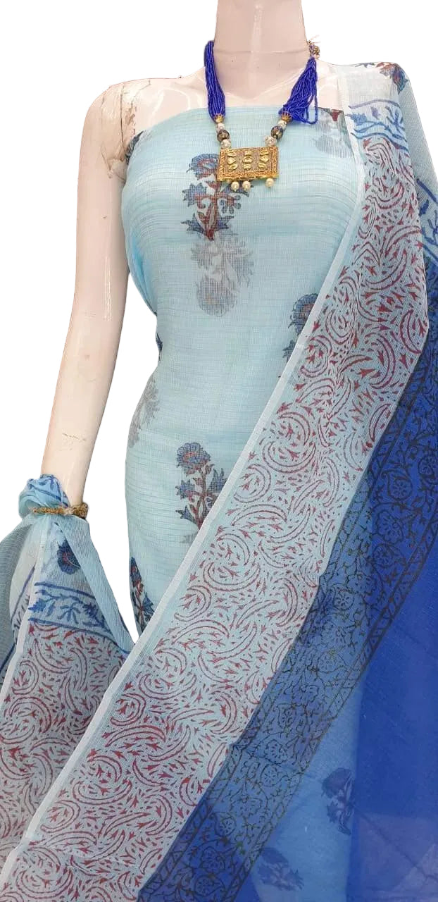 Exclusive Blue Block Printed soft Kota Cotton Kurta Dupatta Fabric Set KOTASS08-Anvi Creations-Block Printed