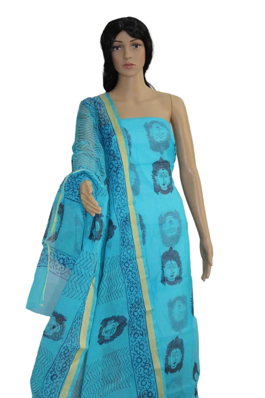 Exclusive Firozi Blue Block Printed soft Kota Cotton Kurta Dupatta Fabric Set KOTASS09-Anvi Creations-Block Printed