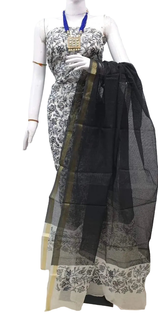 Exclusive Black Block Printed soft Kota Cotton Kurta Dupatta Fabric Set KOTASS10-Anvi Creations-Block Printed