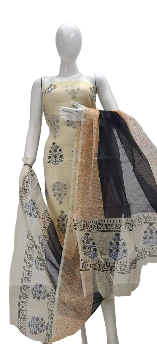 Exclusive Beige Block Printed soft Kota Cotton Kurta Dupatta Fabric Set KOTASS15-Anvi Creations-Block Printed