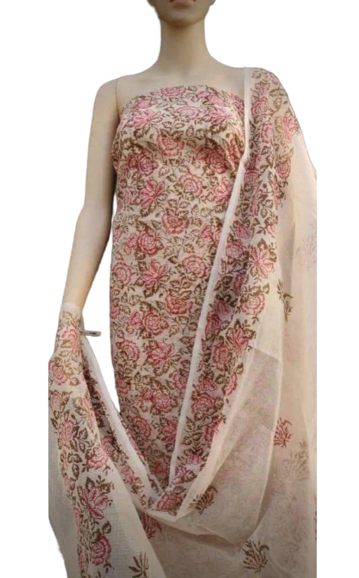 Exclusive Beige Block Printed soft Kota Cotton Kurta Dupatta Fabric Set KOTASS16-Anvi Creations-Block Printed