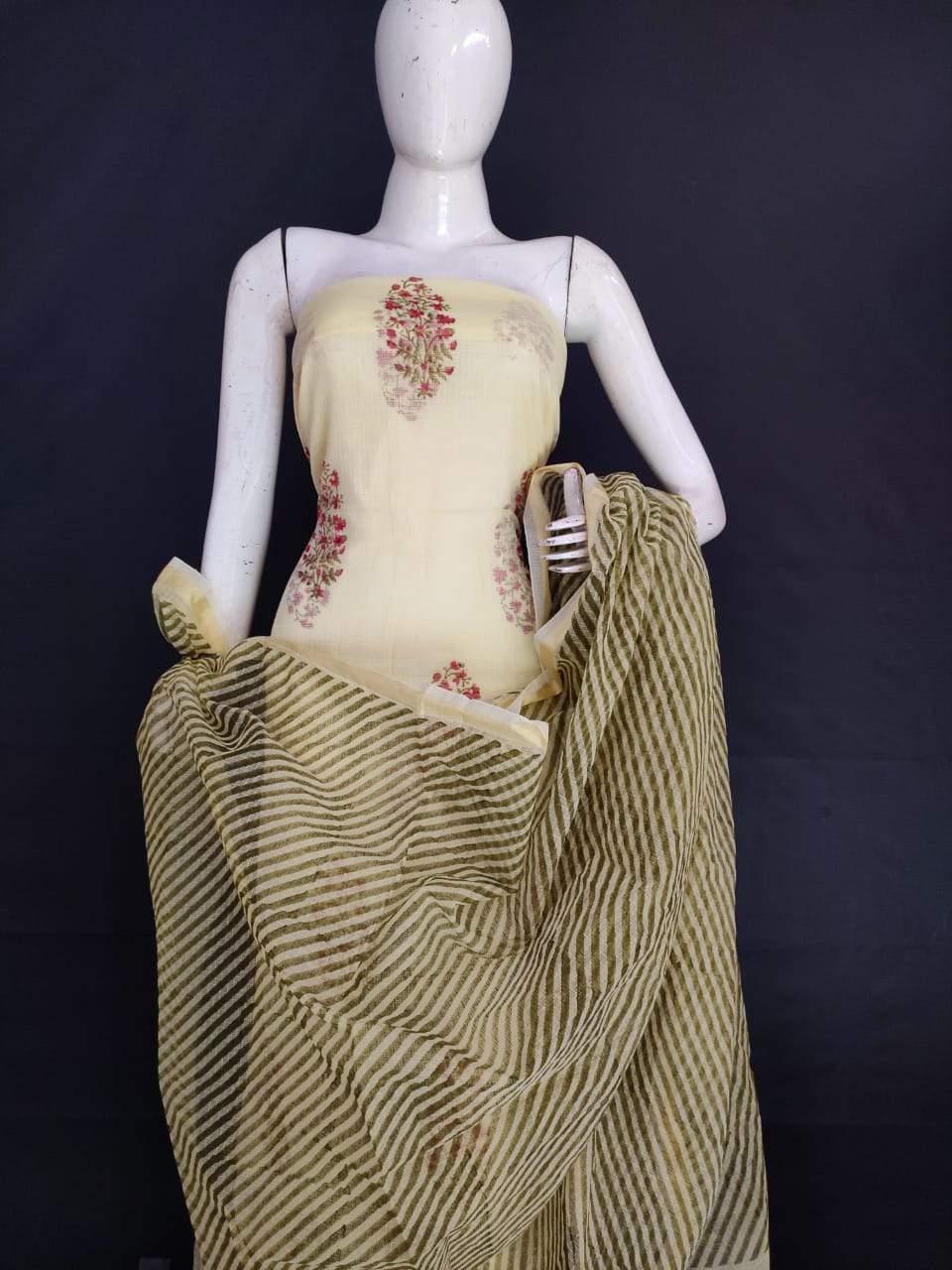 Exclusive Beige Green Block Printed soft Kota Cotton Kurta Dupatta Fabric Set KOTASS19-Anvi Creations-Block Printed