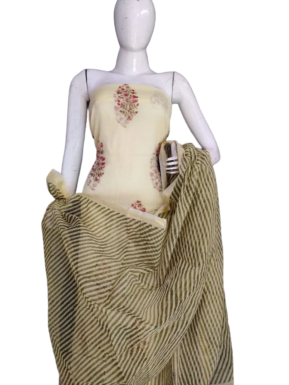 Exclusive Beige Green Block Printed soft Kota Cotton Kurta Dupatta Fabric Set KOTASS19-Anvi Creations-Block Printed
