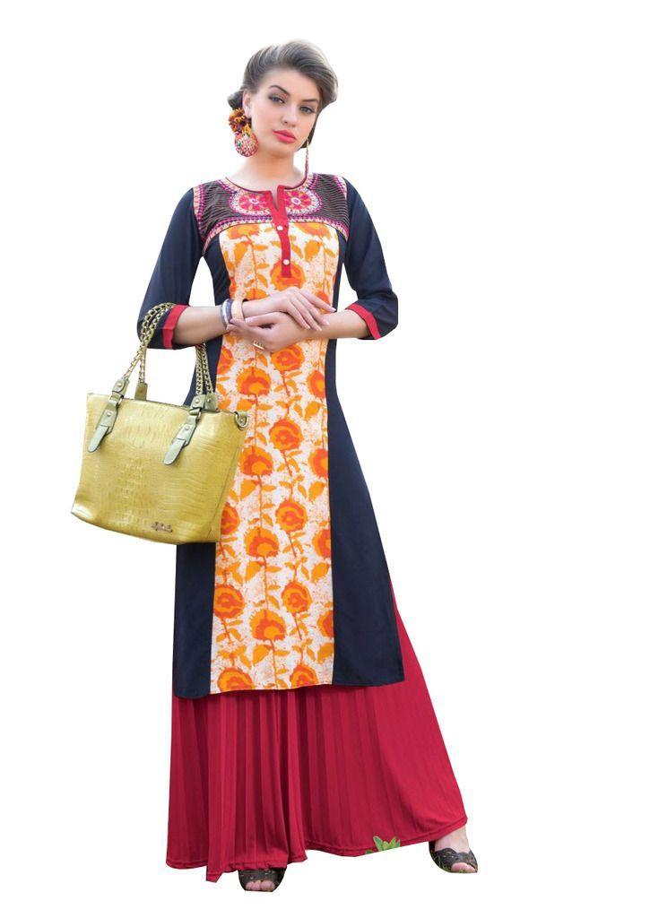 Designer Rayon Cotton Blue Embroidered Long Kurta Kurti Size XL SCKS114-Ethnic's By Anvi Creations-Designer Kurti