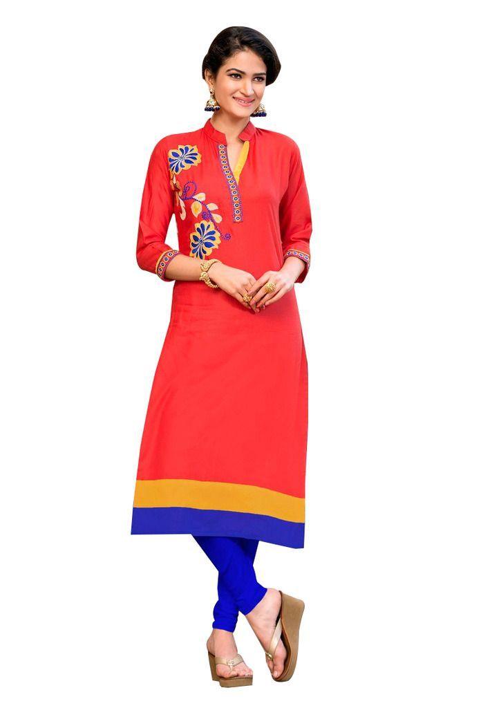 Designer Rayon Cotton Orange Embroidered Long Kurta Kurti Size XL SCKS214-Ethnic's By Anvi Creations-Designer Kurti