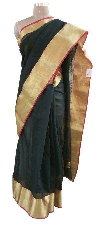 Designer Black Broad Golden Border Kota Cotton Saree KSS53-Ethnic's By Anvi Creations-Handloom Saree