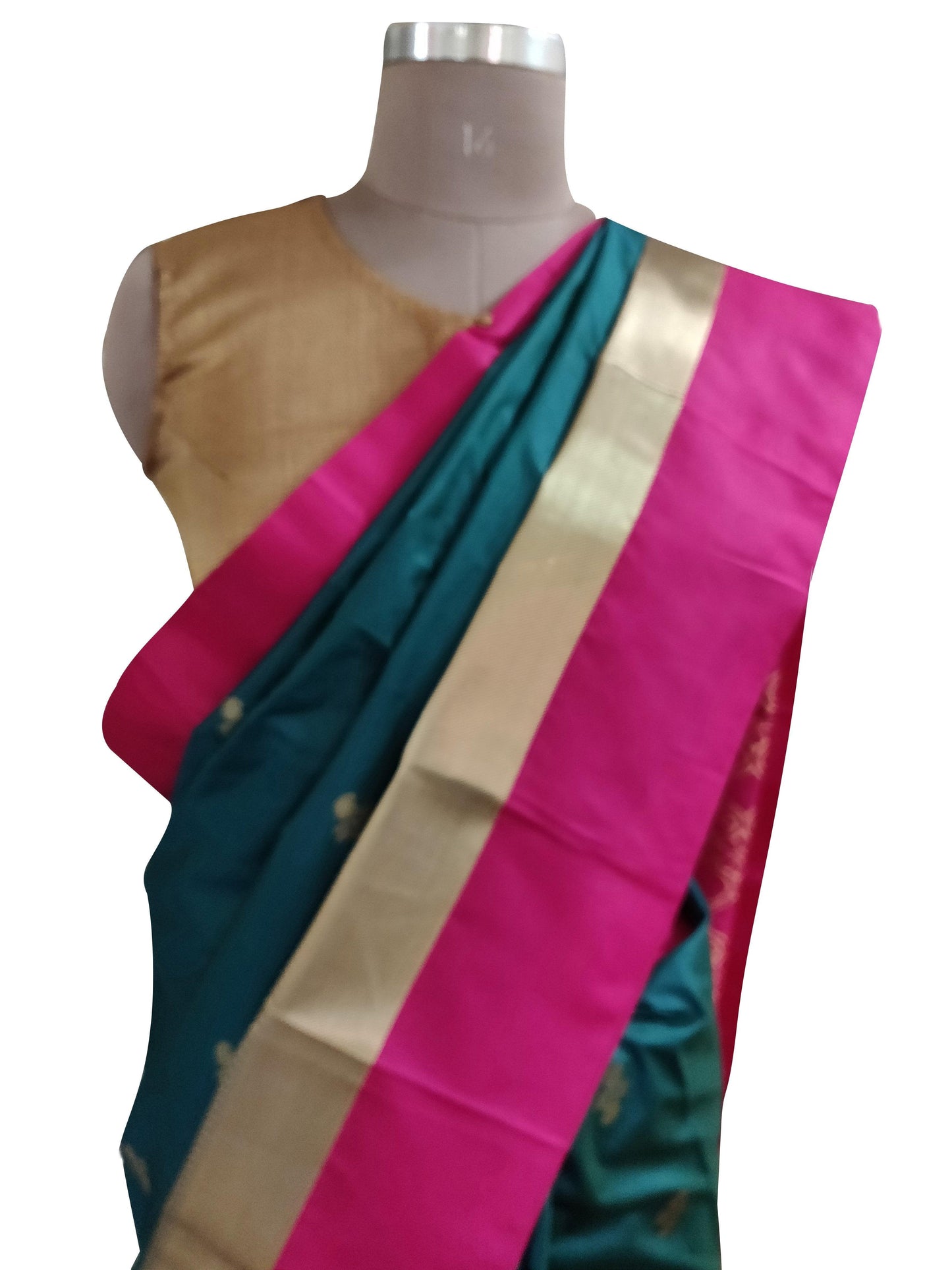 Bottle Green Pink Border Kanchi Blend Kanjivaram Silk Saree Kanchi08-Anvi Creations-Kanchi Blend Saree,Kanjivaram Saree