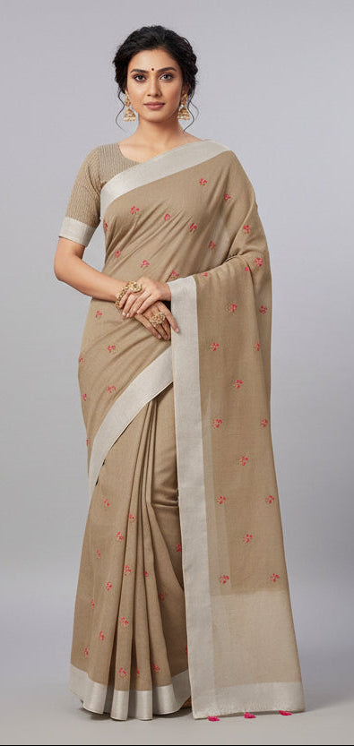 Designer Brown Linen Cotton Embroidered Saree LT112-Anvi Creations-Handloom saree,Linen Embroidered Saree
