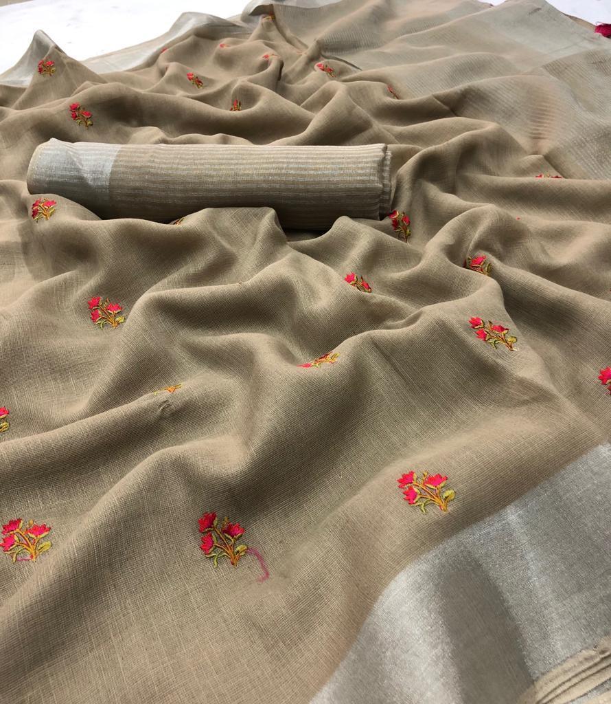 Designer Brown Linen Cotton Embroidered Saree LT112-Anvi Creations-Handloom saree,Linen Embroidered Saree