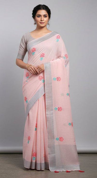 Designer Baby Pink Linen Cotton Embroidered Saree LT63003-Anvi Creations-Handloom saree,Linen Embroidered Saree
