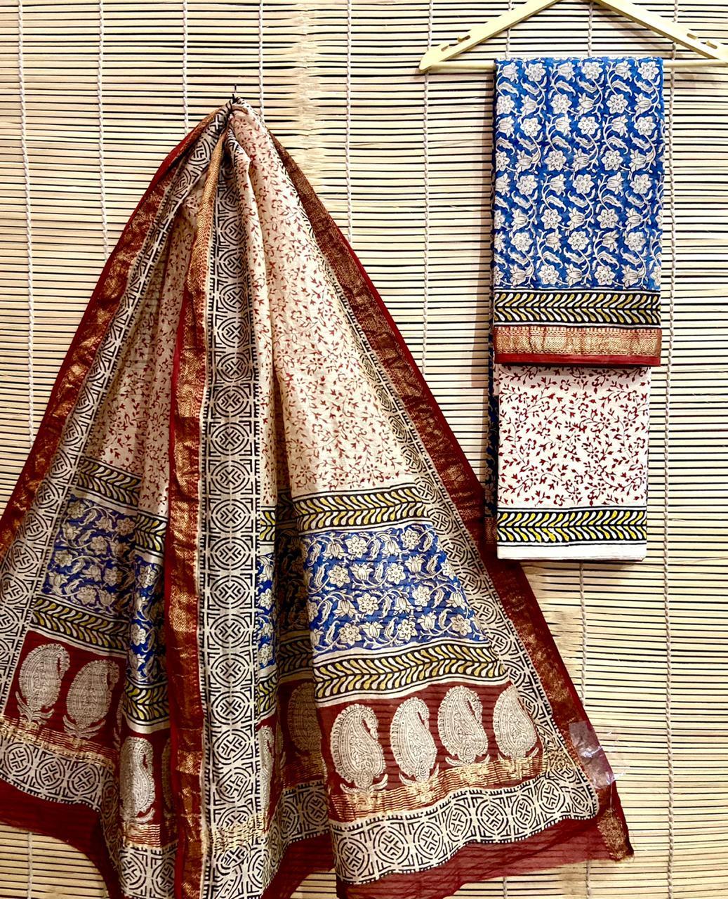 Exclusive Blue Beige Maheshwari Silk Salwar Kameez Dress Material MB18 - Ethnic's By Anvi Creations