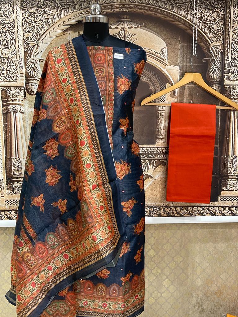 printed silk dress material Buy Premium Mustard Floral Chanderi Silk Dress Materials Set
