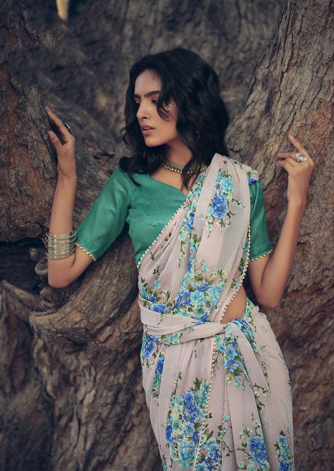 Light Grey Floral Printed Saree with Pearl Lace Work MN3802 - Ethnic's By Anvi Creations
