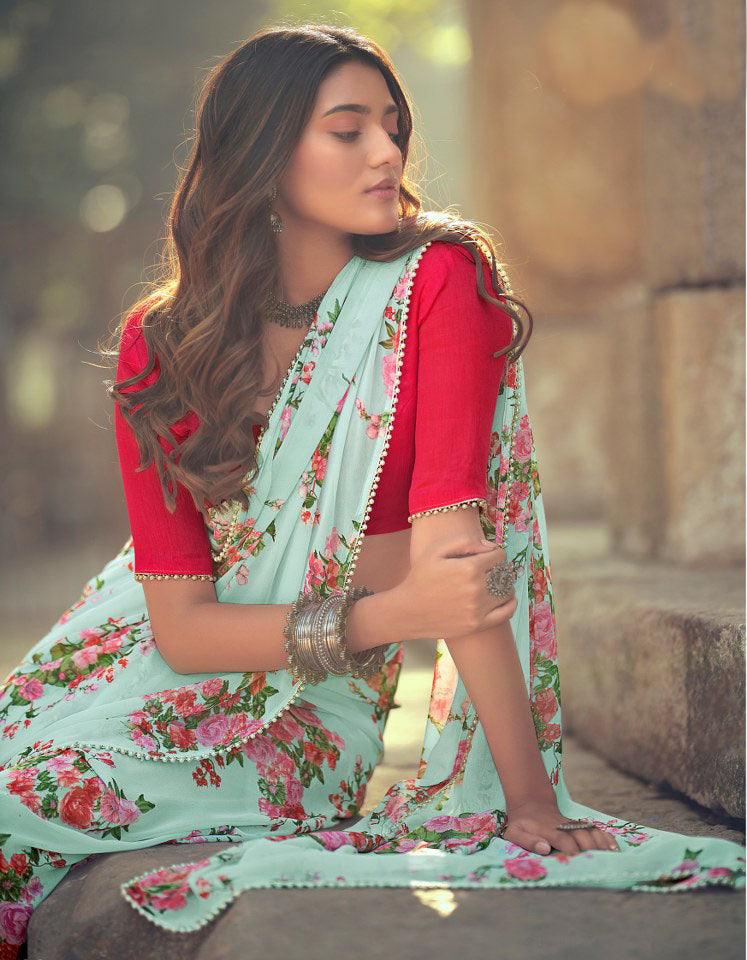 Powder Green Floral Printed Saree with Pearl Lace Work MN3805 - Ethnic's By Anvi Creations