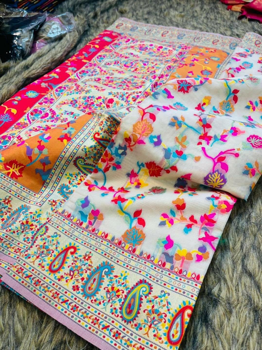 Off White Kashmiri Zari Woven Modal Silk Saree - Ethnic's By Anvi Creations