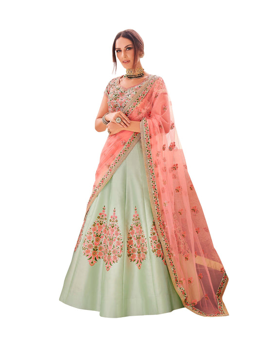 Designer Peach Semi Stitched Satin Silk Lehenga Choli Dupatta 4151-Anvi Creations-Lehenga Choli