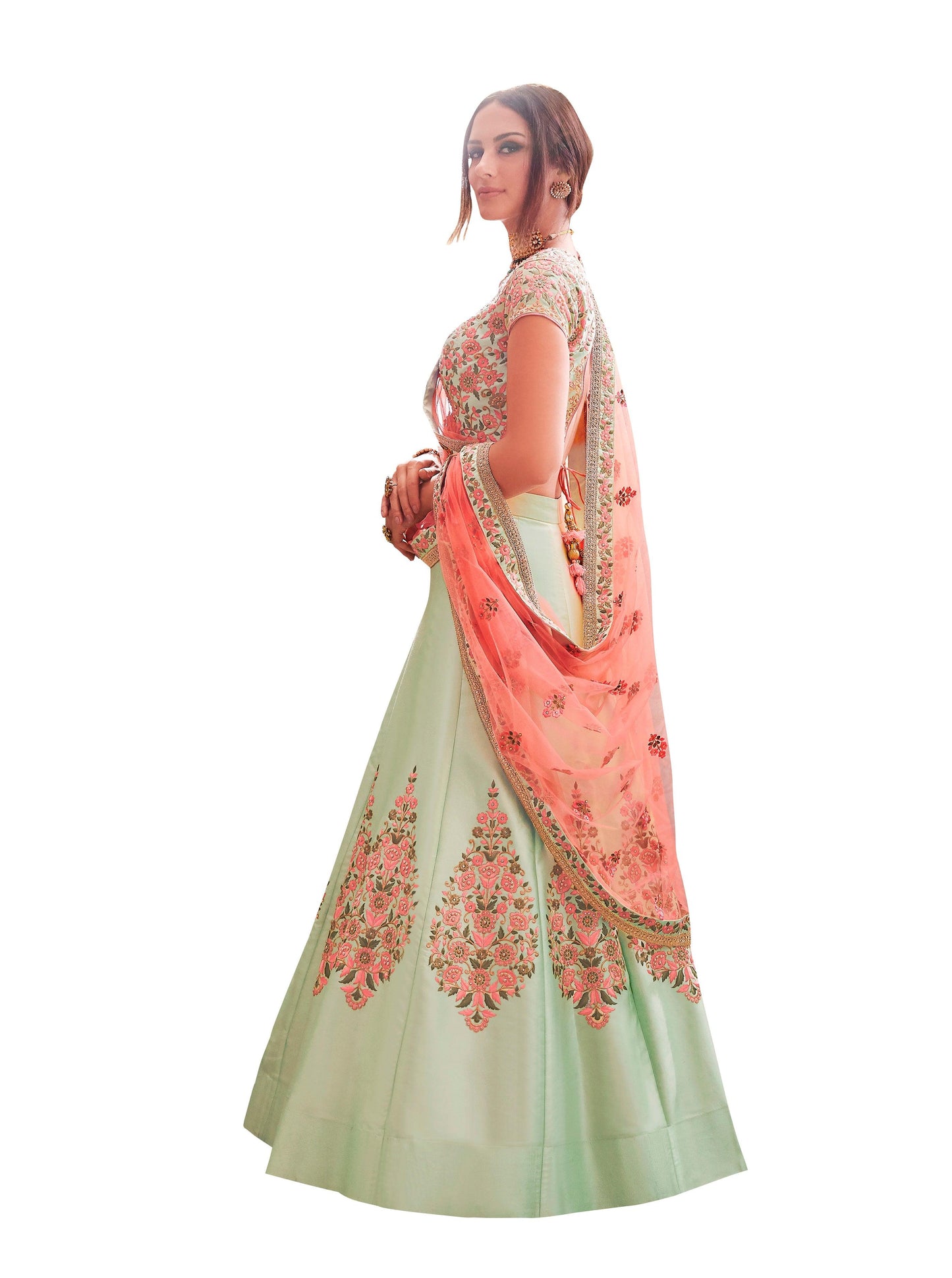 Designer Peach Semi Stitched Satin Silk Lehenga Choli Dupatta 4151-Anvi Creations-Lehenga Choli