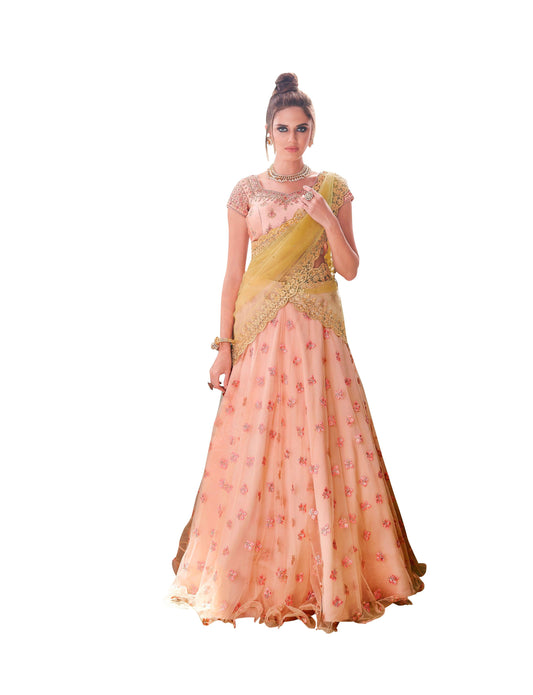Designer Peach Semi Stitched Net Lehenga Choli Dupatta 4152-Anvi Creations-Lehenga Choli